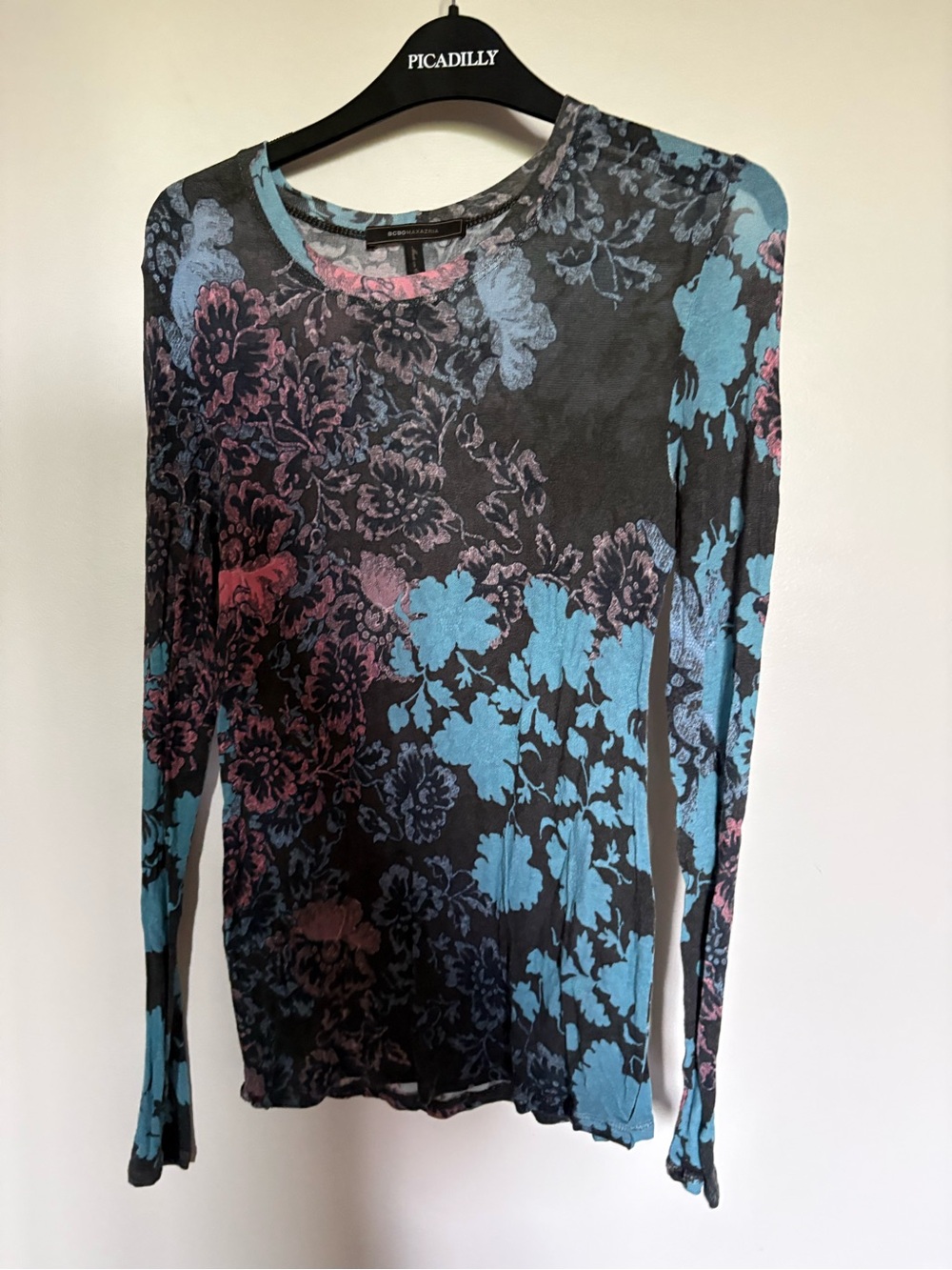 BCBGMaxAzria Black Long-Sleeve Floral Print Top with Blue and Pink Accents